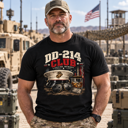 DD-214 Club Lifetime Member T-Shirt, Funny Military Retirement Shirt, US Marine Corps Veteran Graphic Tee, Patriotic Gift for Veterans #D1D